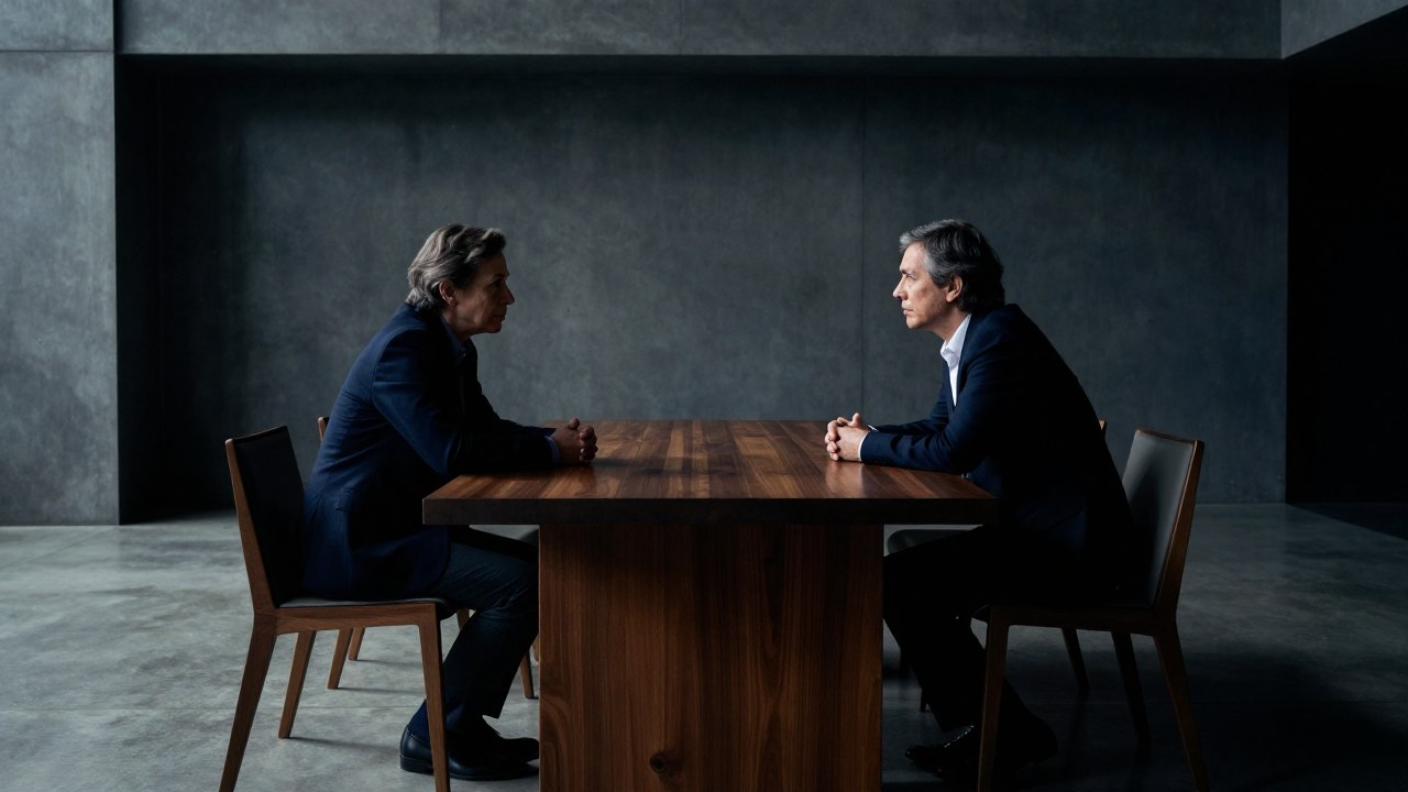 Una pareja madura discute formalmente los términos de una asociación en un espacio arquitectónico minimalista.