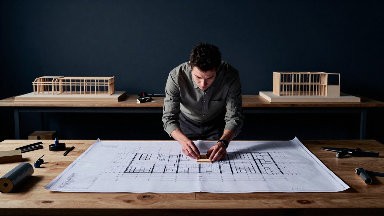 Figura concentrada examinando un plano arquitectónico detallado en un taller de diseño minimalista.