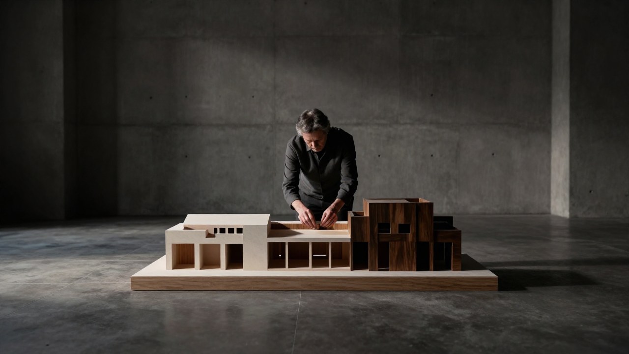 Un adulto trabaja concentrado en la construcción de un intrincado modelo arquitectónico en un estudio minimalista.