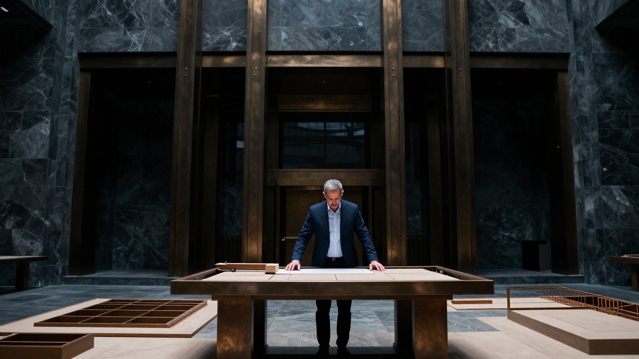 Profesional concentrado frente a un modelo estructural dentro de un vasto y monumental espacio arquitectónico.