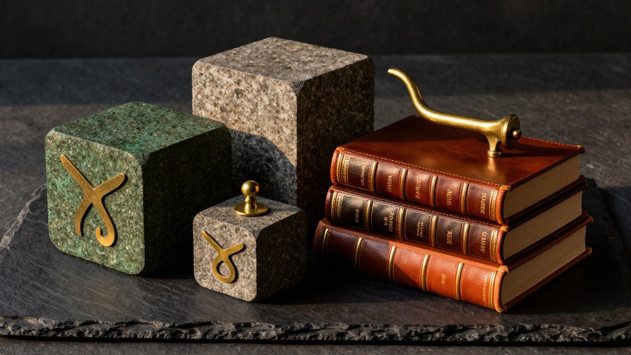 Un arreglo de libros de tapa dura, bloques de piedra y herrajes de latón sobre pizarra oscura.
