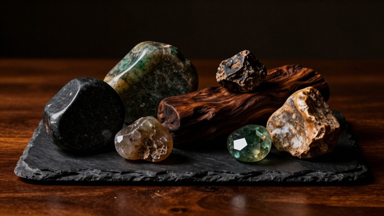 Composición de piedras pulidas, madera oscura y gemas sin cortar dispuestas sobre una superficie de pizarra.
