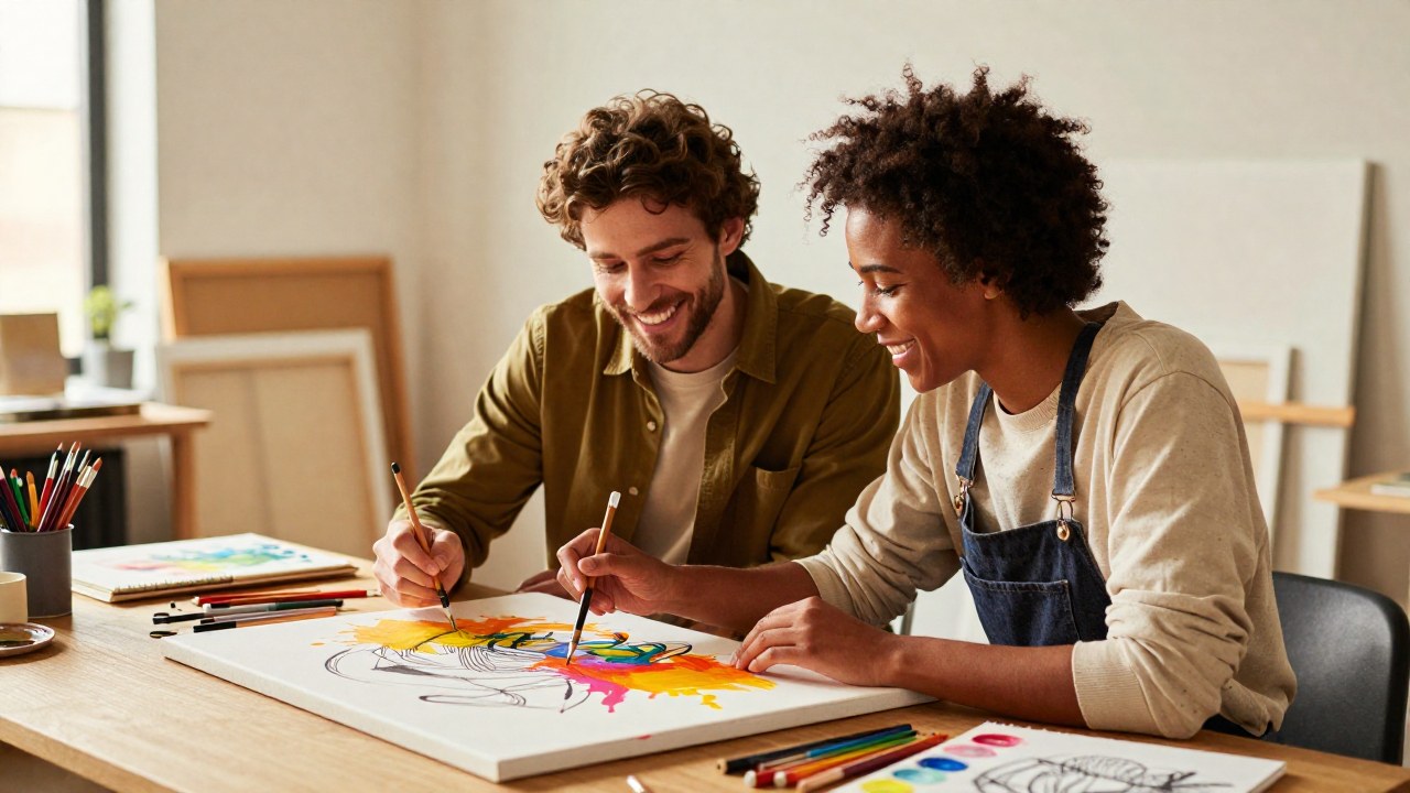 Una pareja colabora dibujando o pintando juntos en un lienzo en un estudio de arte.