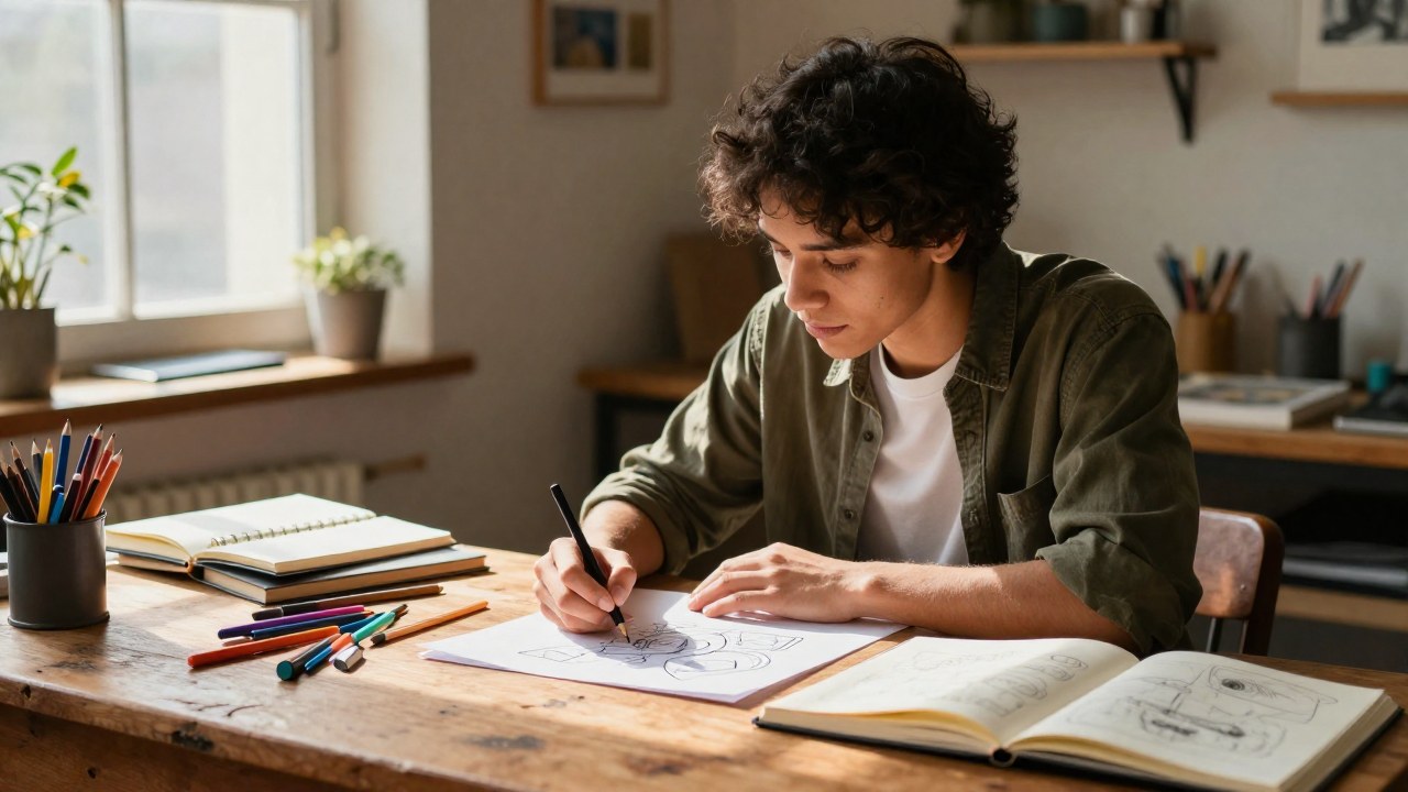 Joven concentrado escribiendo y esbozando ideas creativas en un escritorio rústico lleno de materiales.