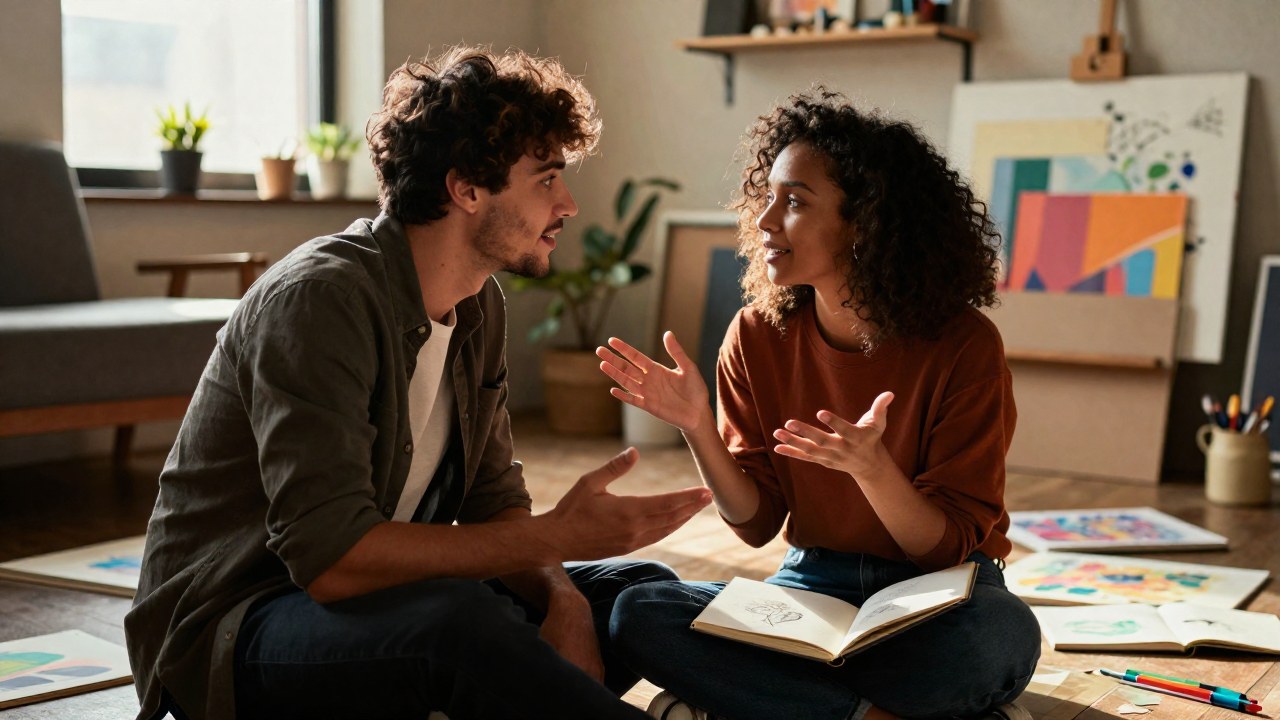 Una pareja joven conversa sobre ideas creativas en un ambiente bohemio de estudio.