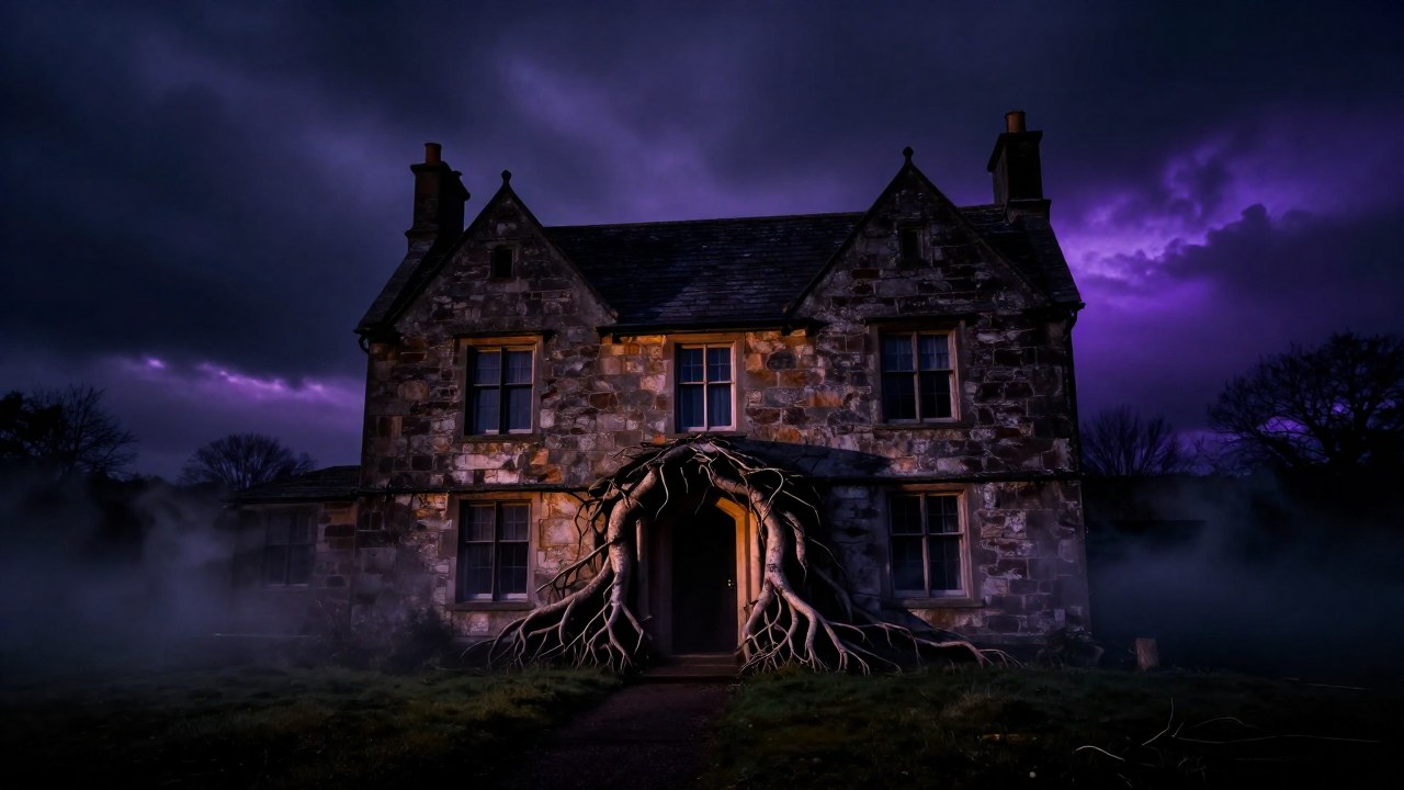 Una casa antigua y solitaria se alza contra un cielo crepuscular, envuelta en densa niebla.