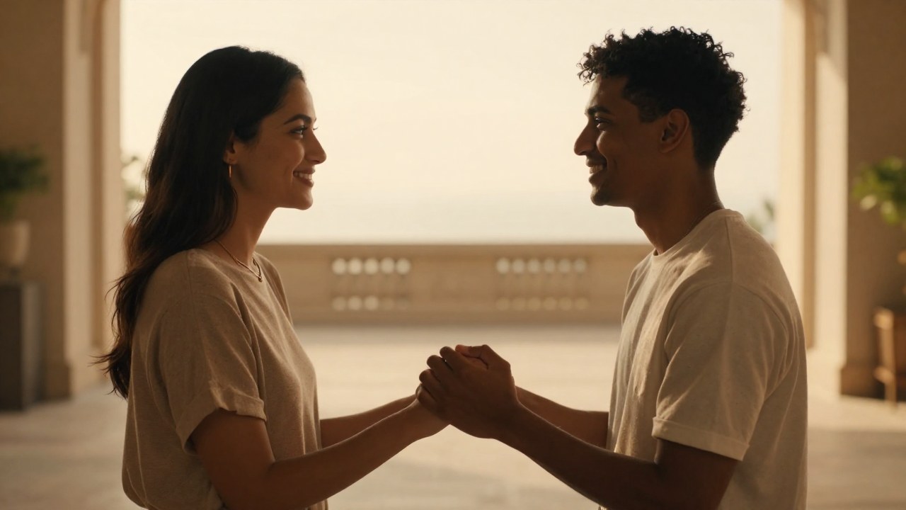 Pareja diversa que muestra conexión profunda en un espacio arquitectónico elegante y bien iluminado.