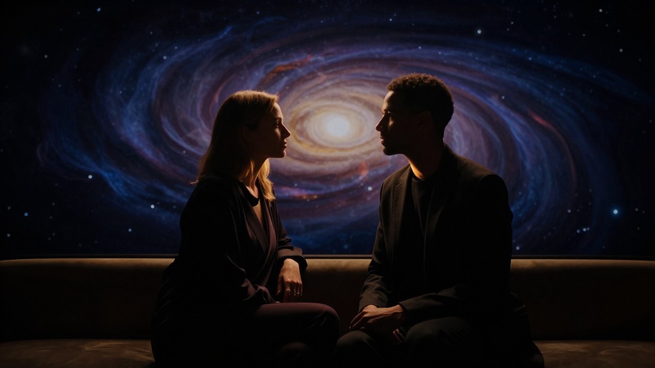 Una pareja diversa y cercana en un espacio íntimo, con una atmósfera etérea y cósmica.