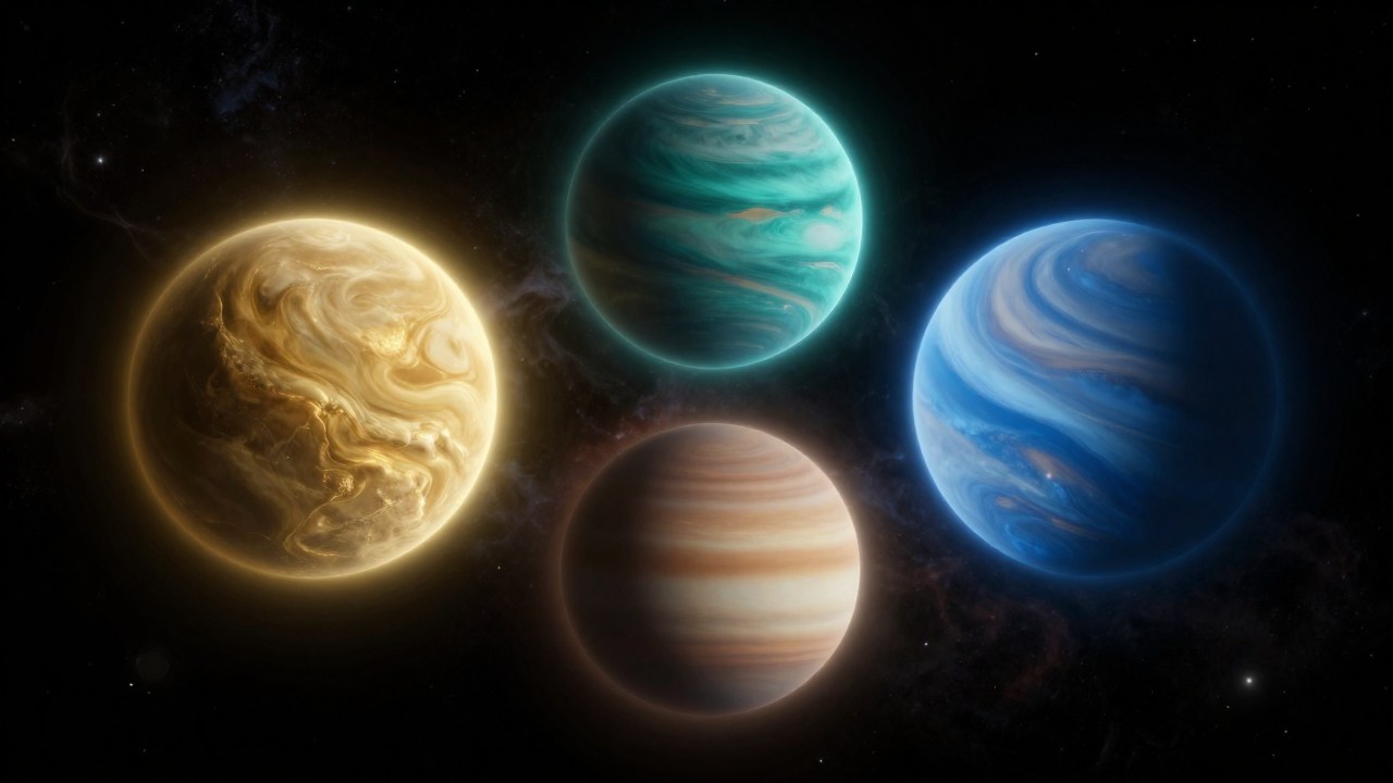 Tres cuerpos celestiales luminosos en formación triangular dentro de una nebulosa cósmica.