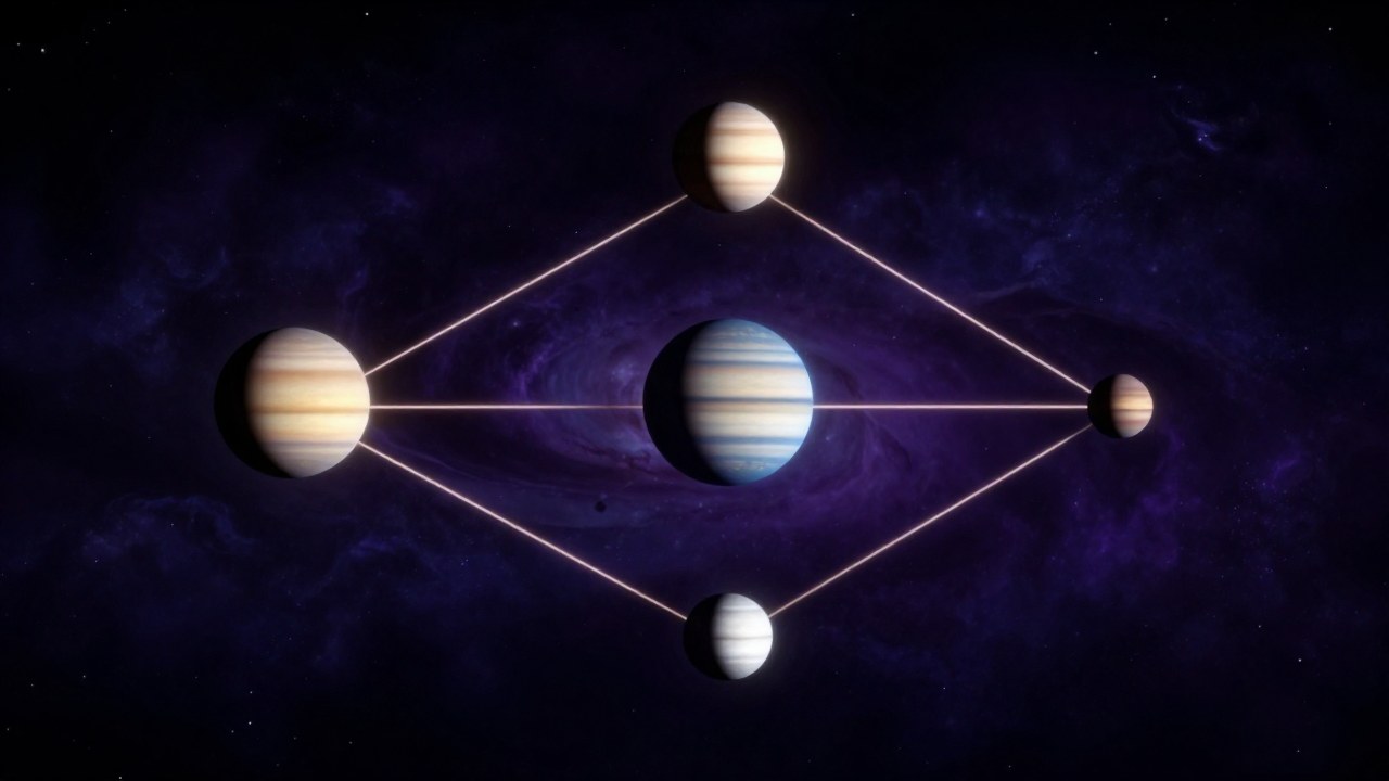 Tres planetas luminosos en el espacio conectados por líneas que representan un aspecto armonioso natal.
