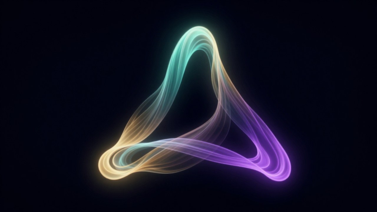 Tres flujos de energía luminosa convergen para formar una estructura triangular armónica que representa el aspecto trígono en astrología.