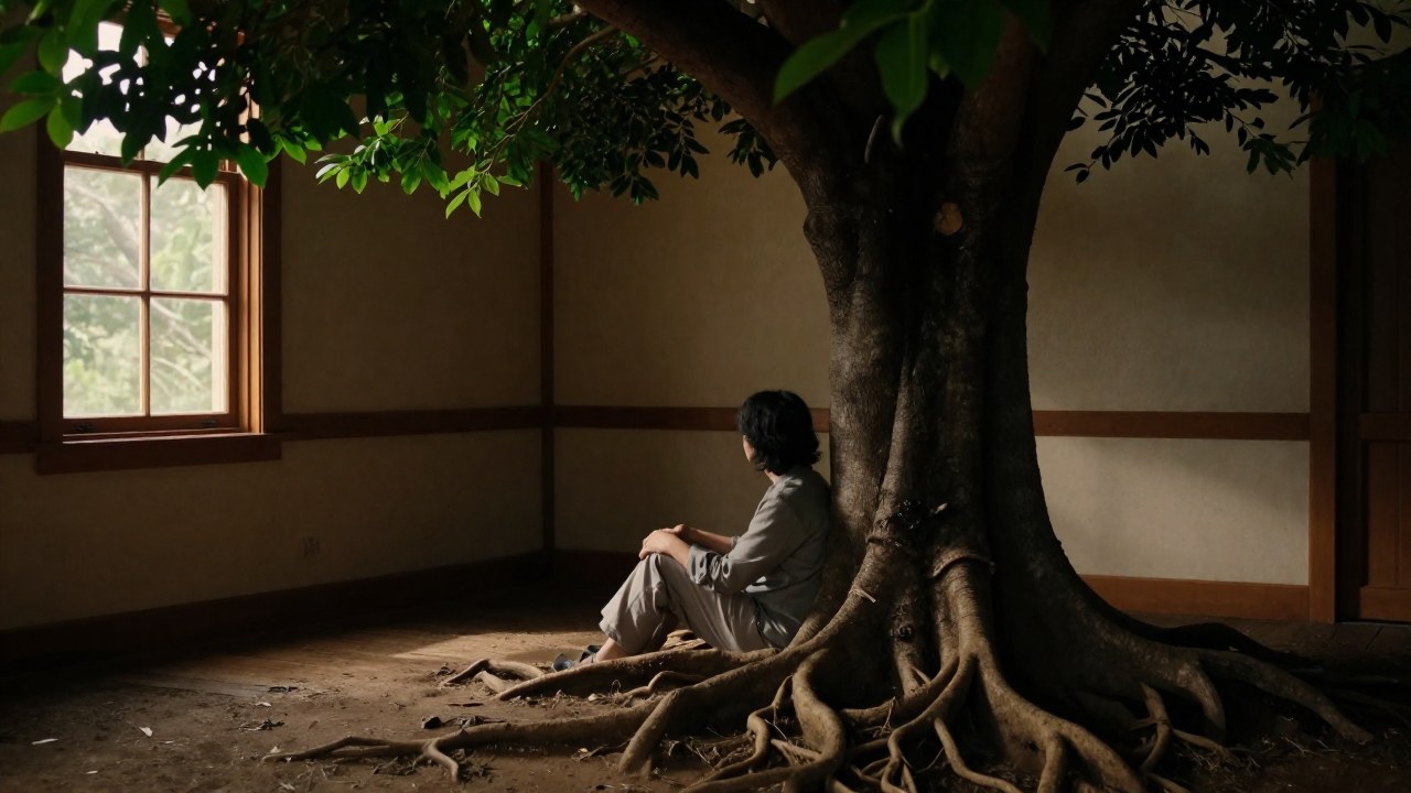 Persona sentada cerca de la base de un árbol robusto, reflejando una conexión profunda y el sentido de estabilidad en su entorno.