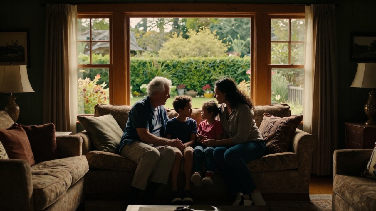 Familia multigeneracional compartiendo un momento íntimo y tranquilo en un hogar.