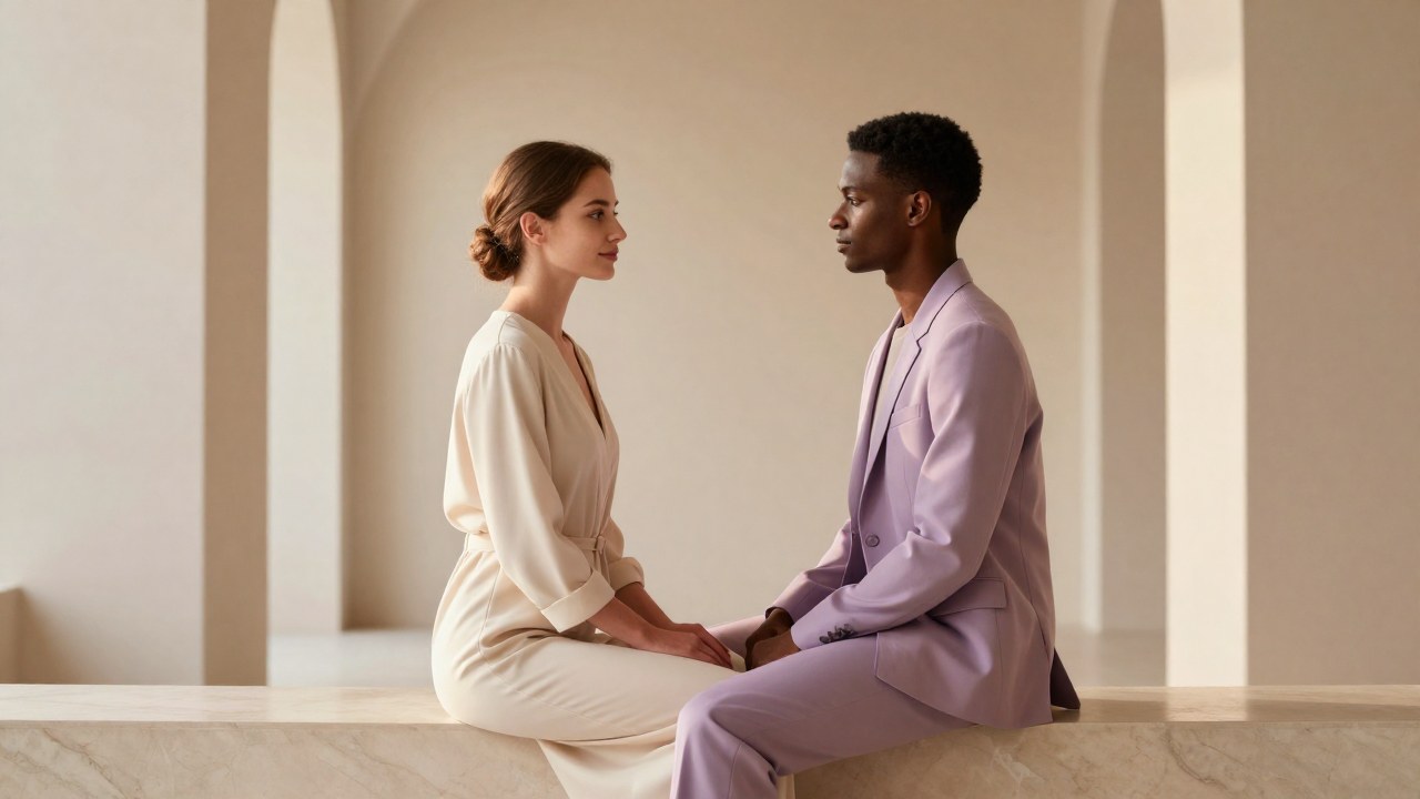Una pareja elegante y diversa se mira con calma en un sofisticado espacio interior minimalista.