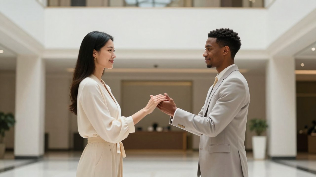 Dos individuos diversos en atuendos elegantes interactúan en un amplio espacio arquitectónico moderno.