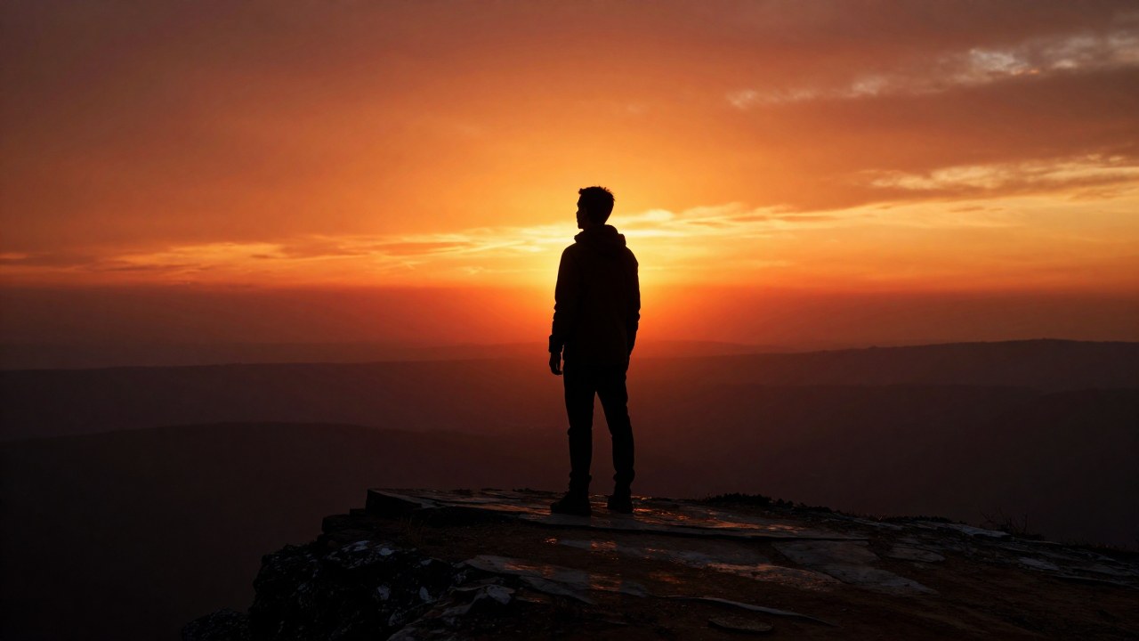 Figura solitaria en un punto elevado contemplando un vasto paisaje durante el amanecer.