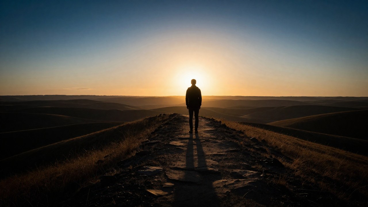 Figura solitaria en un vasto paisaje, de pie en un camino que avanza hacia un horizonte luminoso.