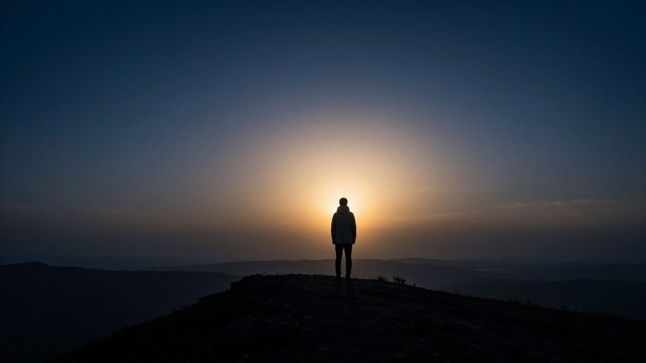 Persona solitaria en una cresta al anochecer mirando una luz brillante en el horizonte vasto.