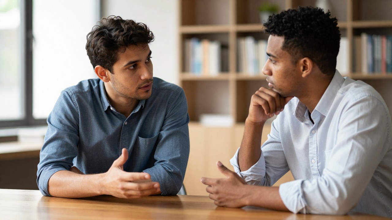 Dos individuos conversan intensamente en un estudio moderno, intercambiando ideas con enfoque.
