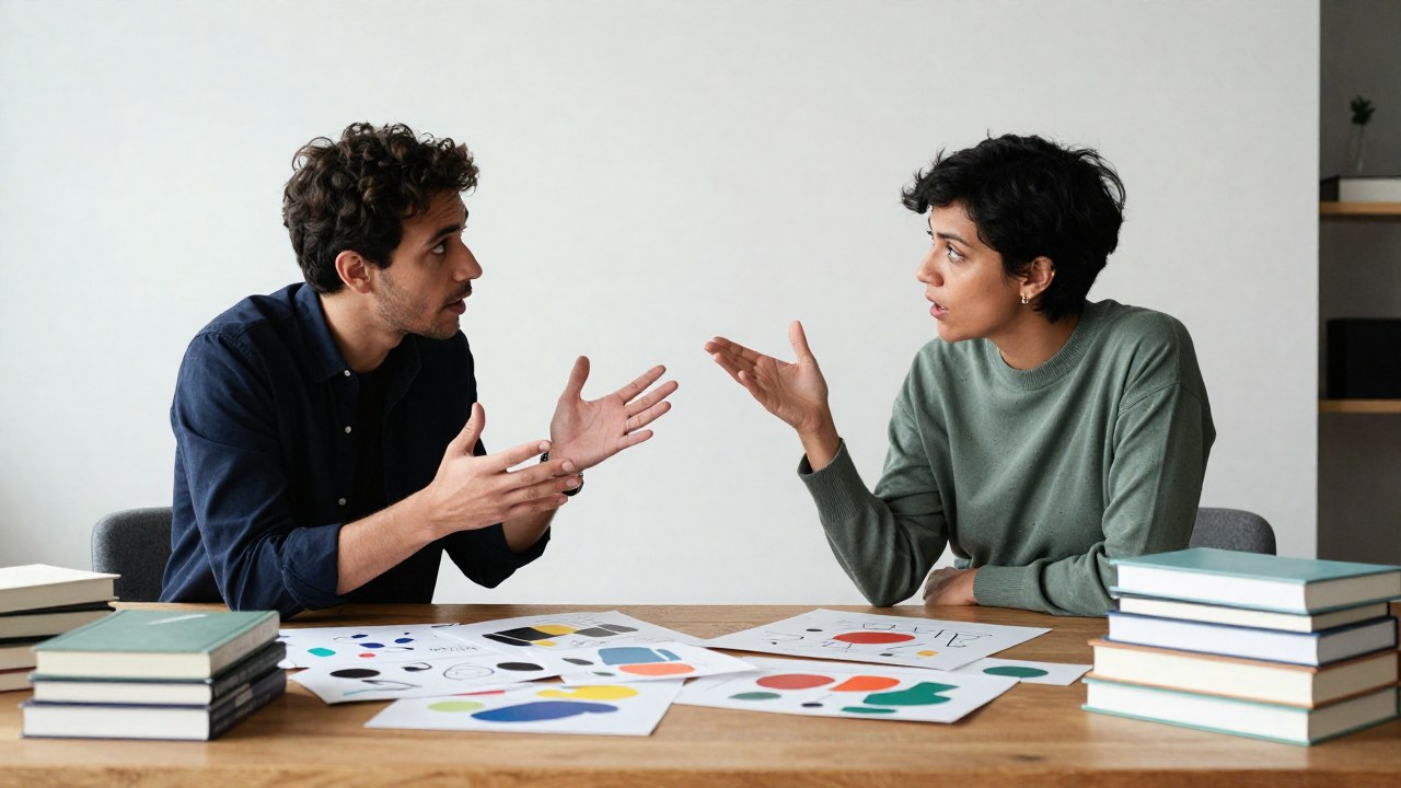 Dos personas conversan intensamente en un entorno de estudio, rodeadas de materiales que sugieren un intercambio de ideas.