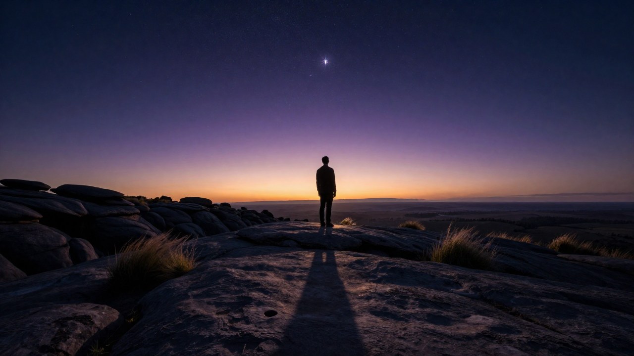 Figura solitaria en una cima rocosa, mirando el amplio cielo durante el crepúsculo.