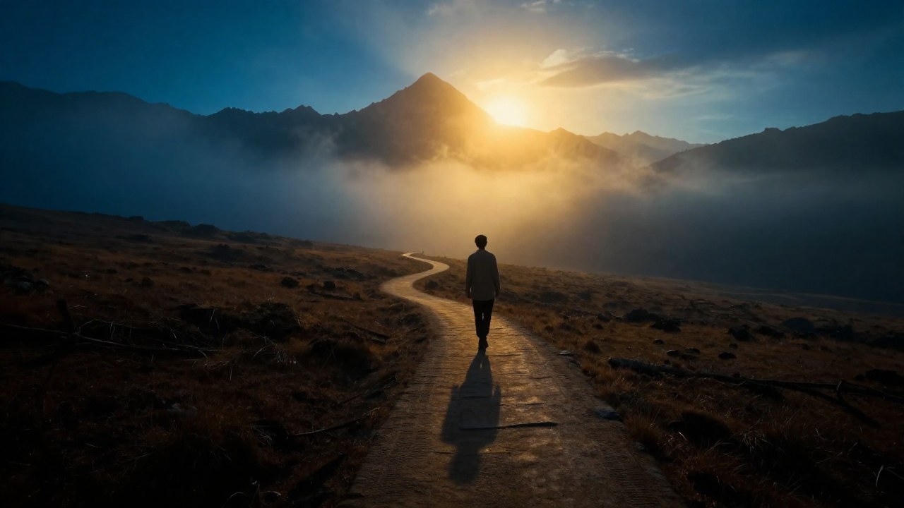 Figura solitaria en un camino que transiciona de un paisaje oscuro y texturizado a un horizonte montañoso y luminoso.