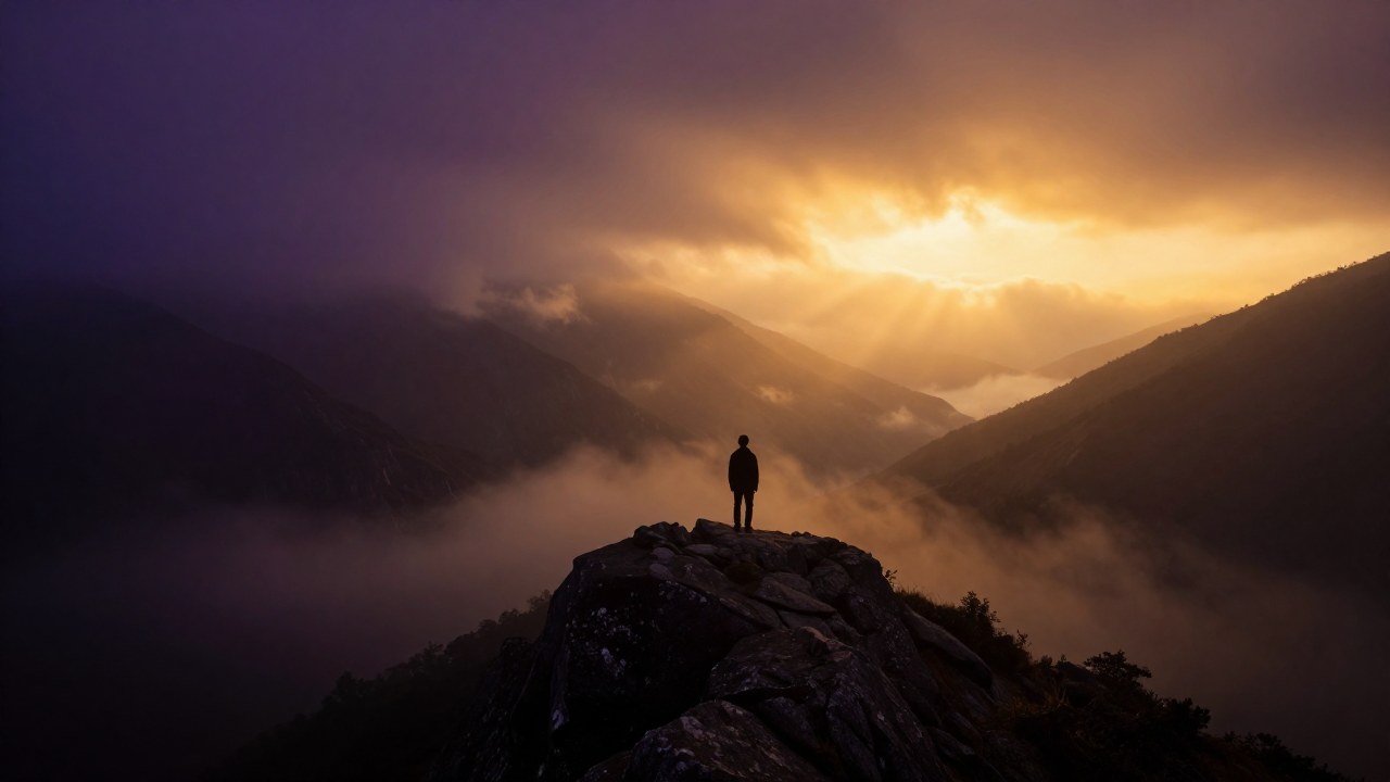 Solitario en la cima de la montaña, observa el amanecer que simboliza el renacimiento espiritual.