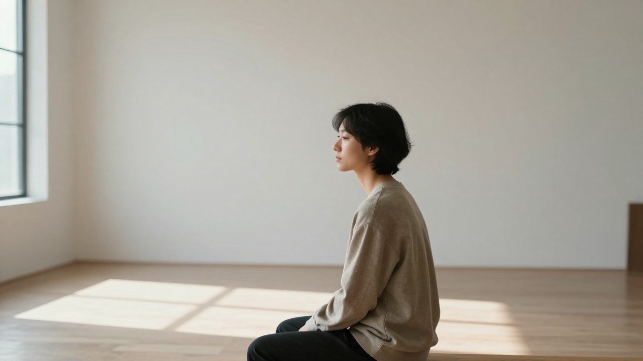 Una persona en un espacio minimalista reflexiona mirando hacia una ventana luminosa.