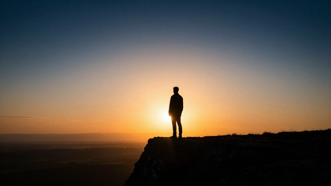 Figura en silueta de pie en un acantilado, observando el vasto amanecer con el sol emergiendo en el horizonte.