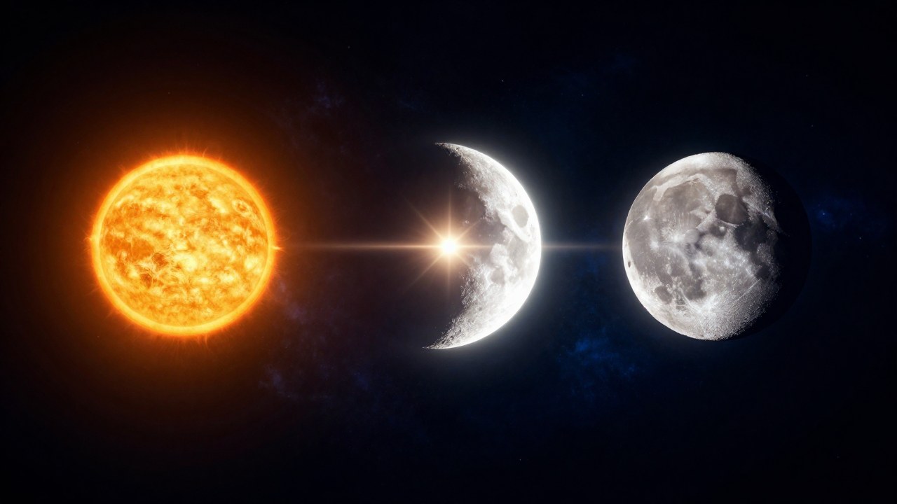 Tres esferas luminosas —Sol, Luna y Ascendente— flotan en el cosmos, simbolizando energías celestiales.