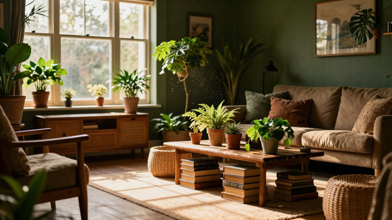 Interior soleado y acogedor de una sala de estar con plantas y libros que sugieren estabilidad.