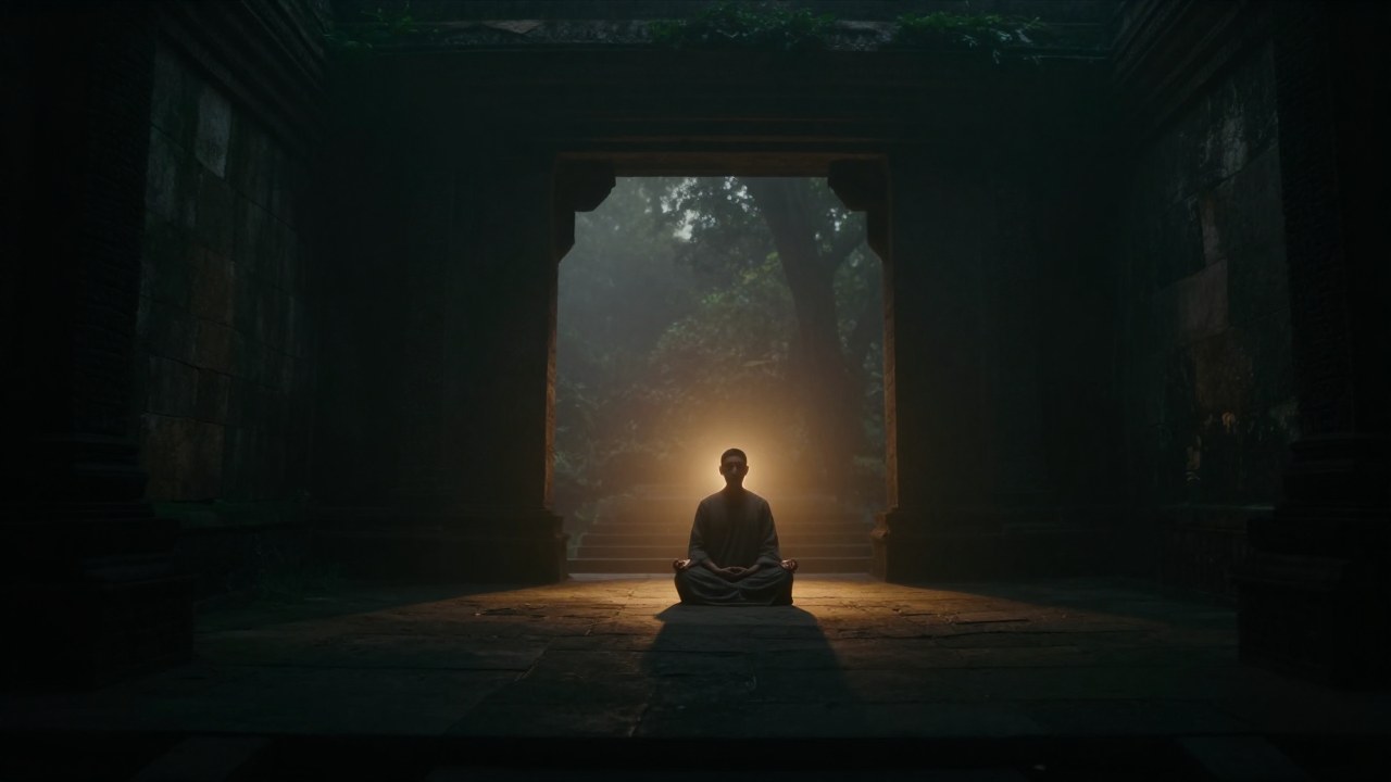 Figura solitaria meditando en santuario antiguo, bañado por una luz dorada introspectiva.