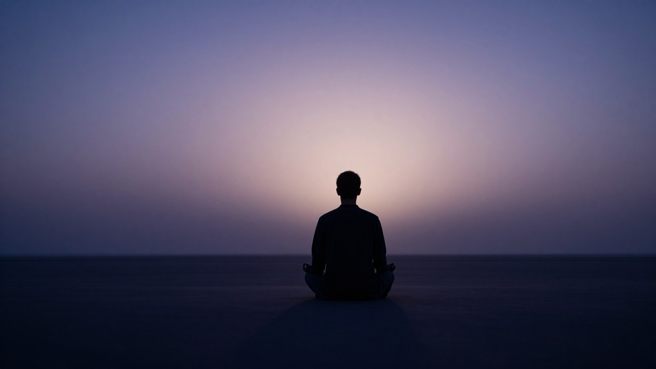 Figura solitaria en un espacio minimalista, absorta en profunda introspección y meditación.