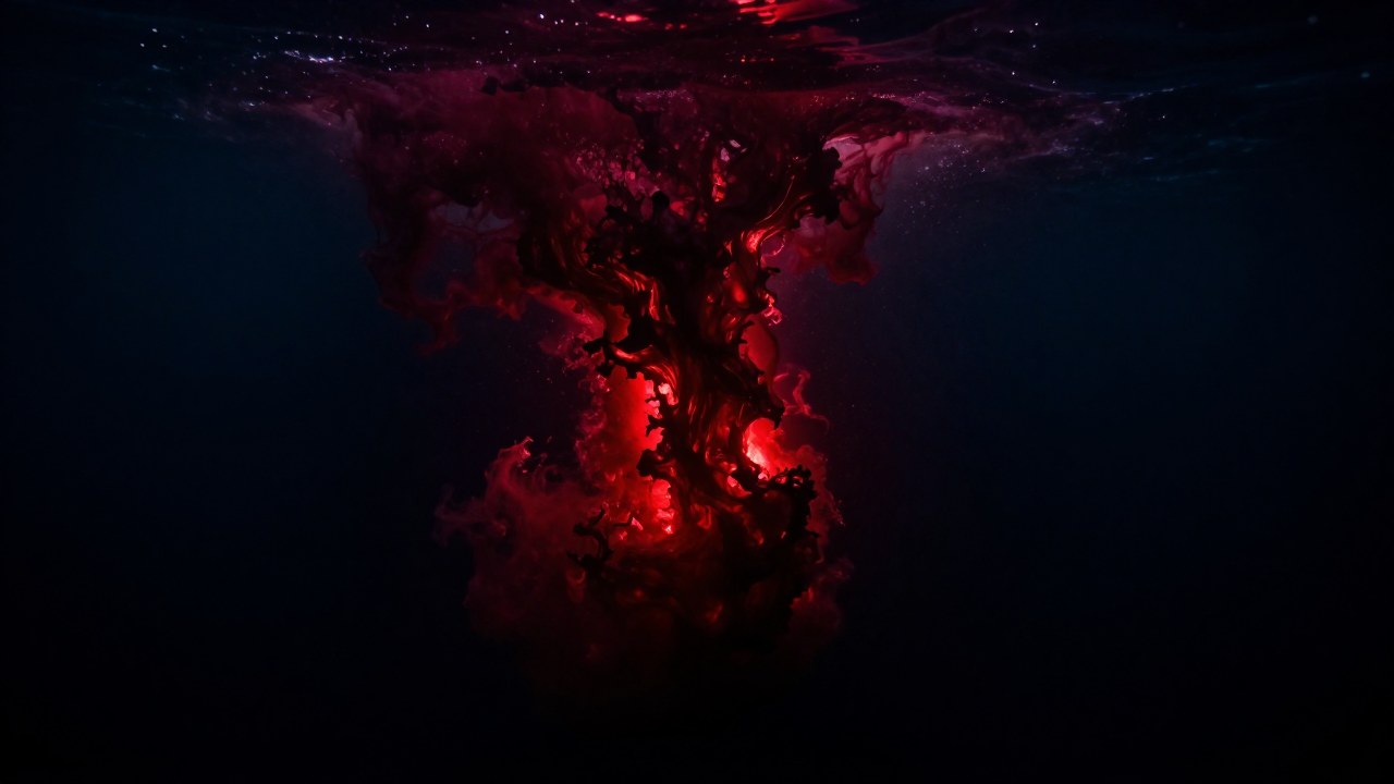 Una formación orgánica masiva con flujos de energía rojo carmesí emerge en las oscuras aguas profundas.