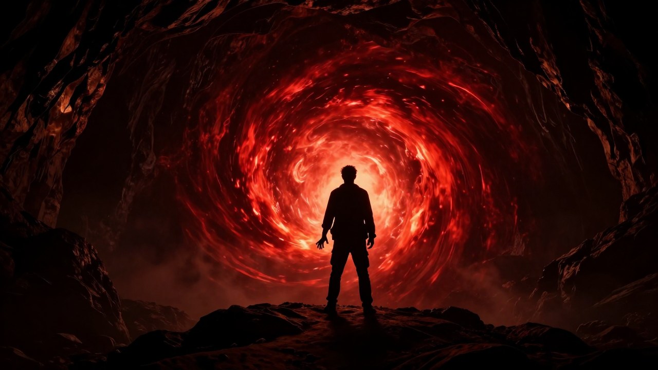 Una figura solitaria en una caverna observa un vórtice de luz roja y oscura.