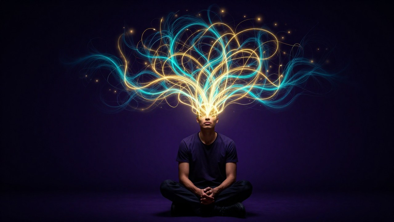 Individuo en contemplación con patrones de energía mental emergiendo de su cabeza.