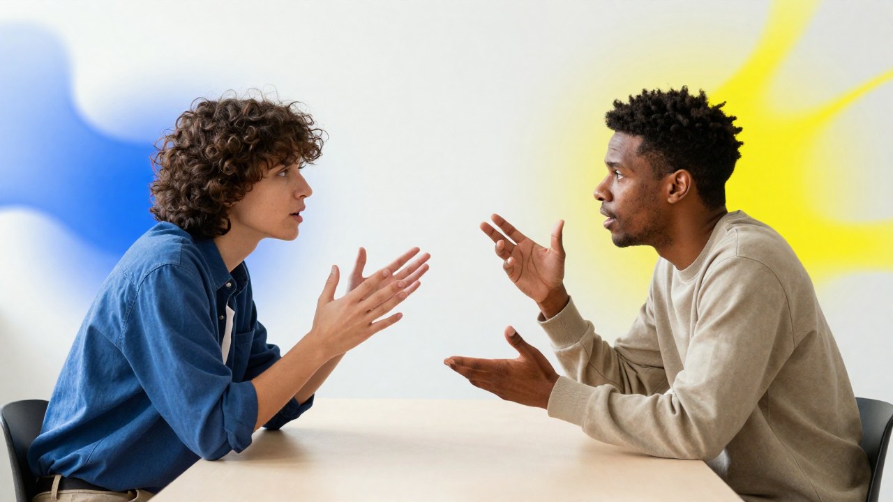 Dos individuos diversos tienen un intenso intercambio intelectual en una mesa, rodeados de flujos abstractos de luz.