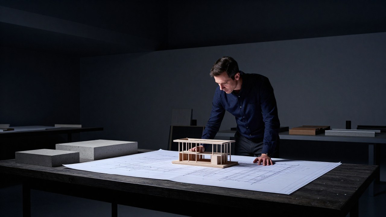 Profesional concentrado revisando un modelo arquitectónico detallado sobre una mesa de trabajo.