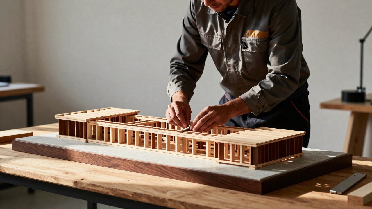 Un arquitecto trabaja con precisión ensamblando un modelo de estructura arquitectónica robusta sobre una mesa.