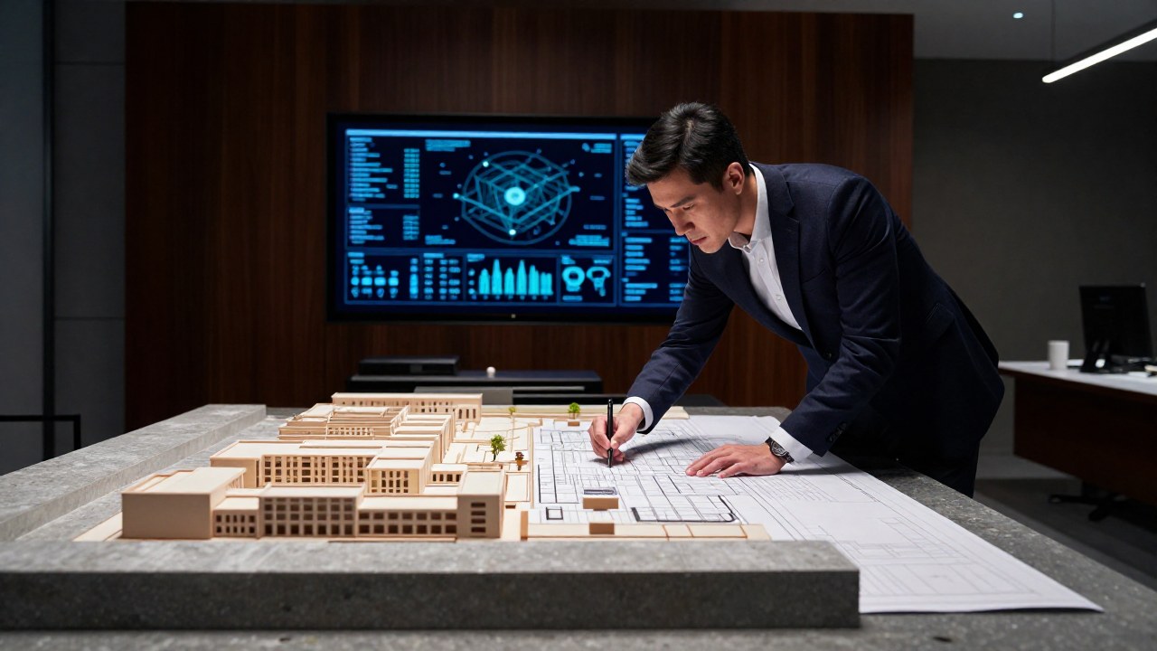 Un profesional en oficina examina un modelo arquitectónico complejo con gran dedicación.