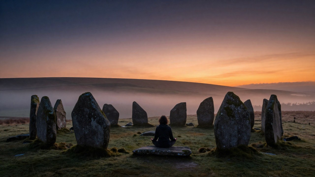 Una figura solitaria medita junto a un círculo de piedra antiguo frente a un vasto paisaje brumoso al amanecer.