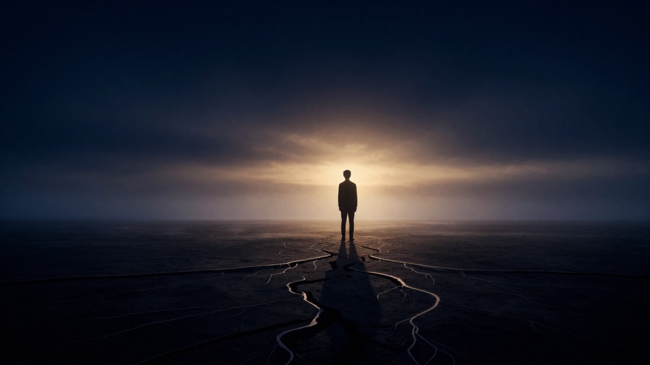 Una figura solitaria en el umbral mira un horizonte luminoso, simbolizando la transición y el inicio de un nuevo ciclo.