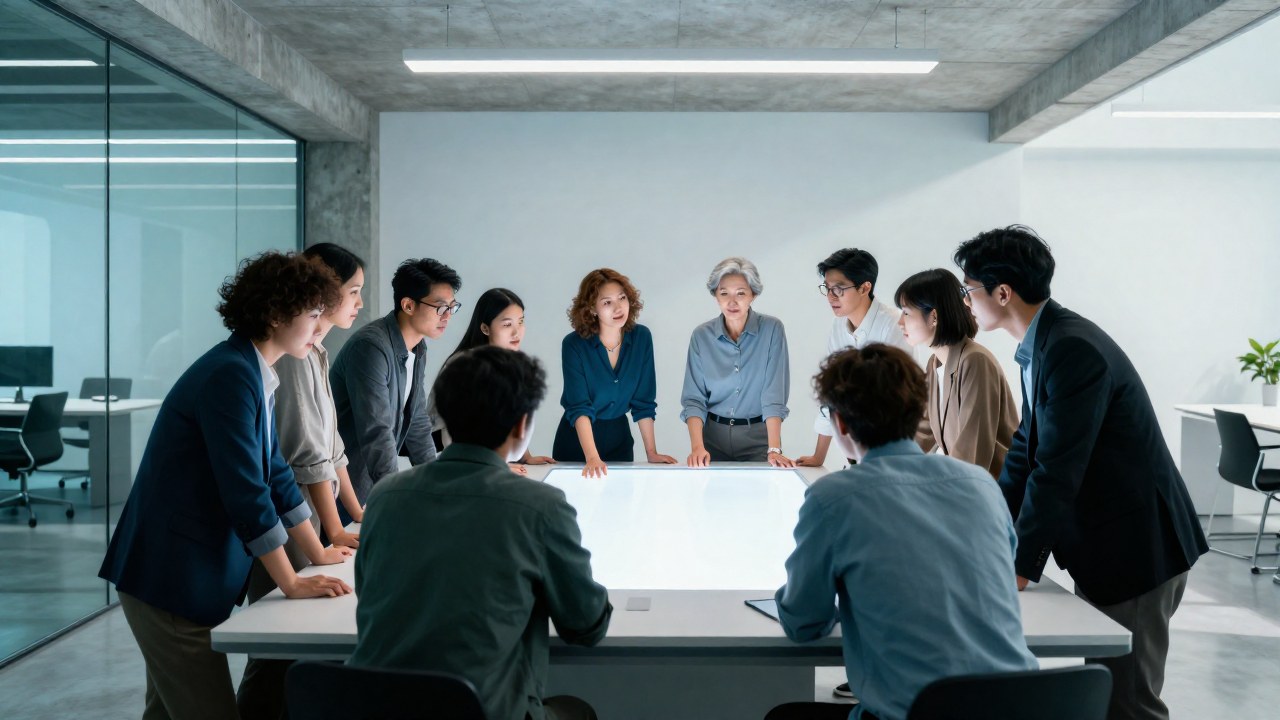 Un grupo diverso colabora intensamente en una discusión animada sobre un proyecto en un espacio de trabajo moderno.