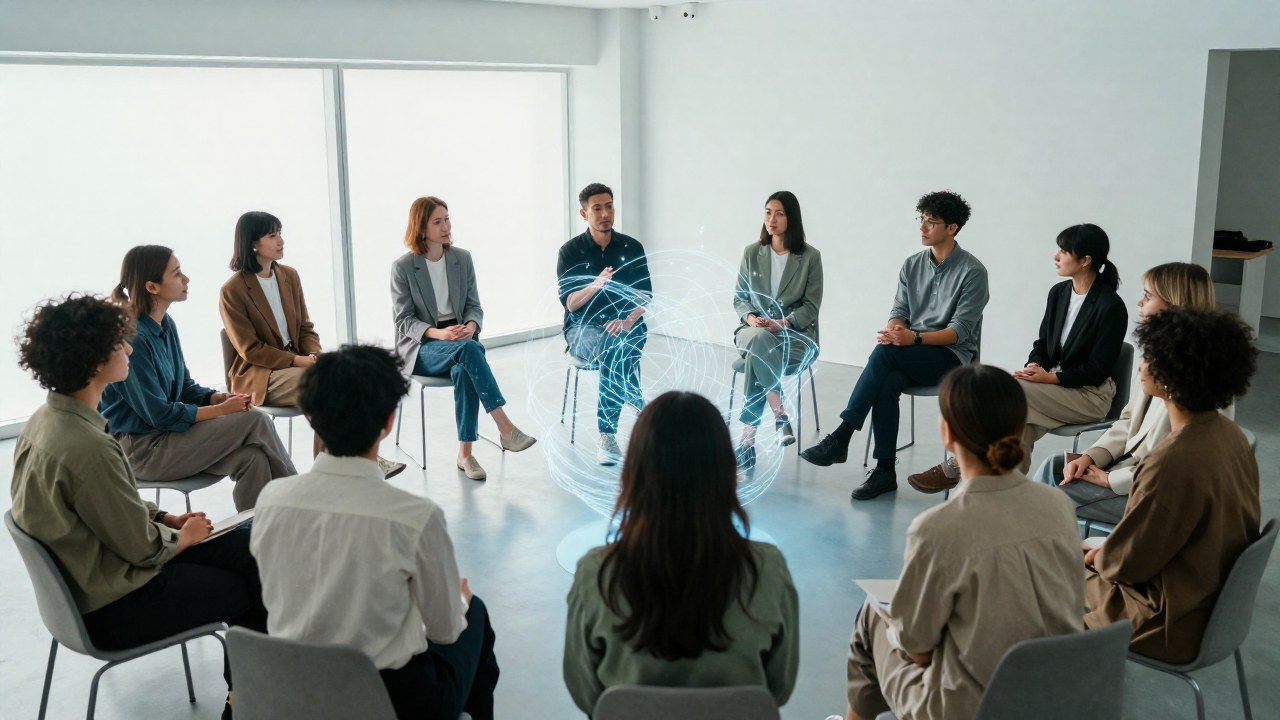 Grupo diverso en sesión colaborativa, discutiendo ideas innovadoras alrededor de una proyección abstracta.